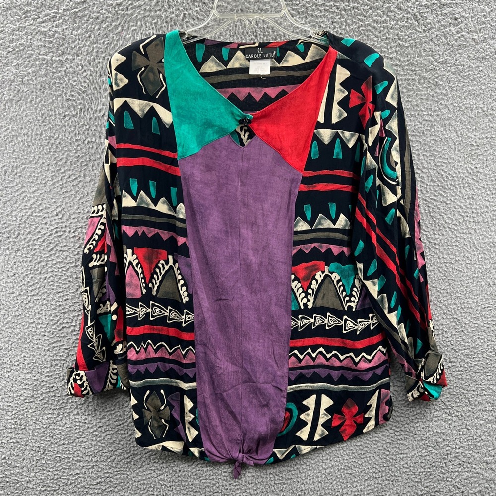 Vintage Carole Little Womens Boho Blouse 12 Crepe‎ Indie Tribal Aztec Print USA